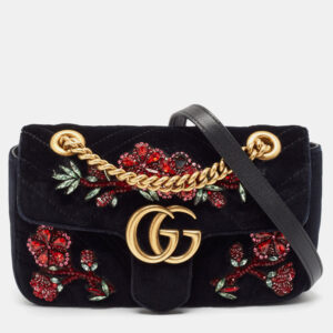 Gucci Black Matelass&eacute; Velvet Mini Crystals Embellished GG Marmont Shoulder Bag