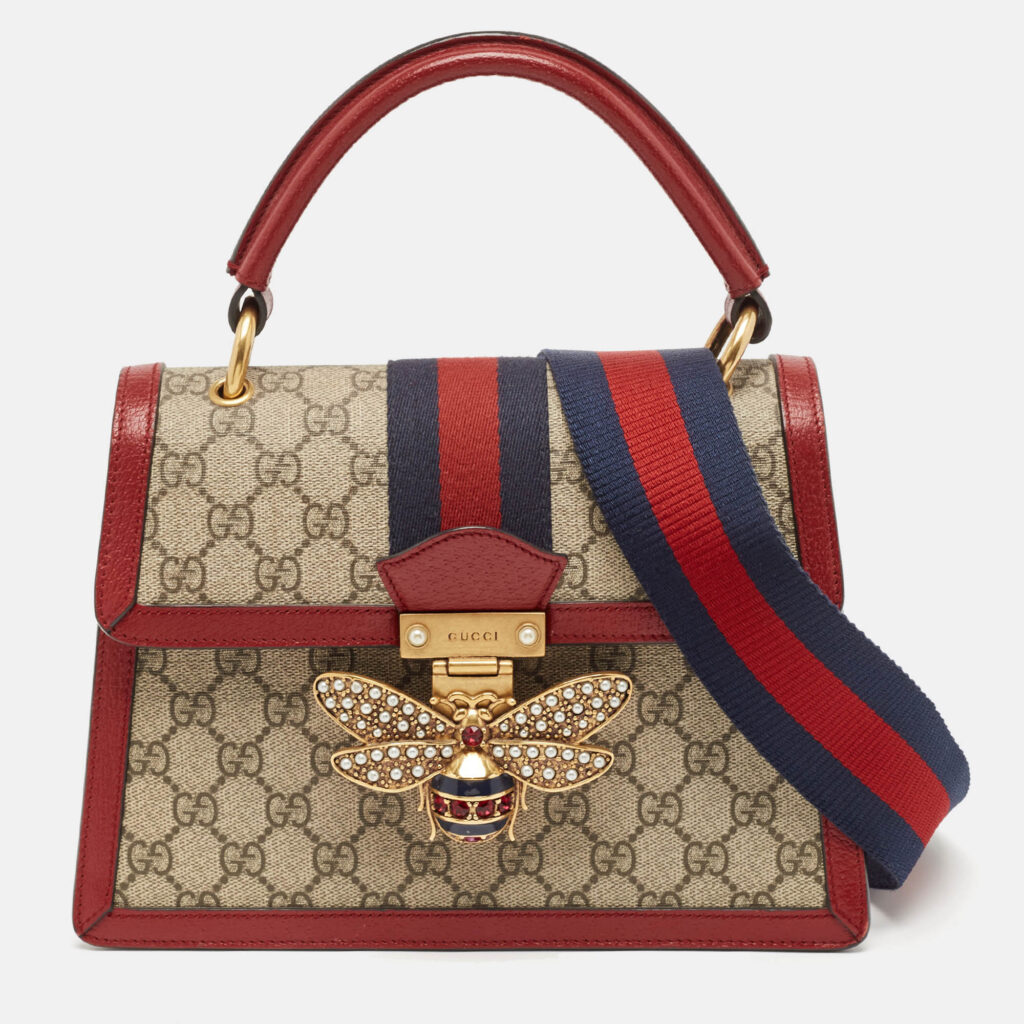 luxury-women-gucci-used-handbags-p1097301-014 Gucci Red/Beige GG Supreme Canvas Small Queen Margaret Top Handle Bag