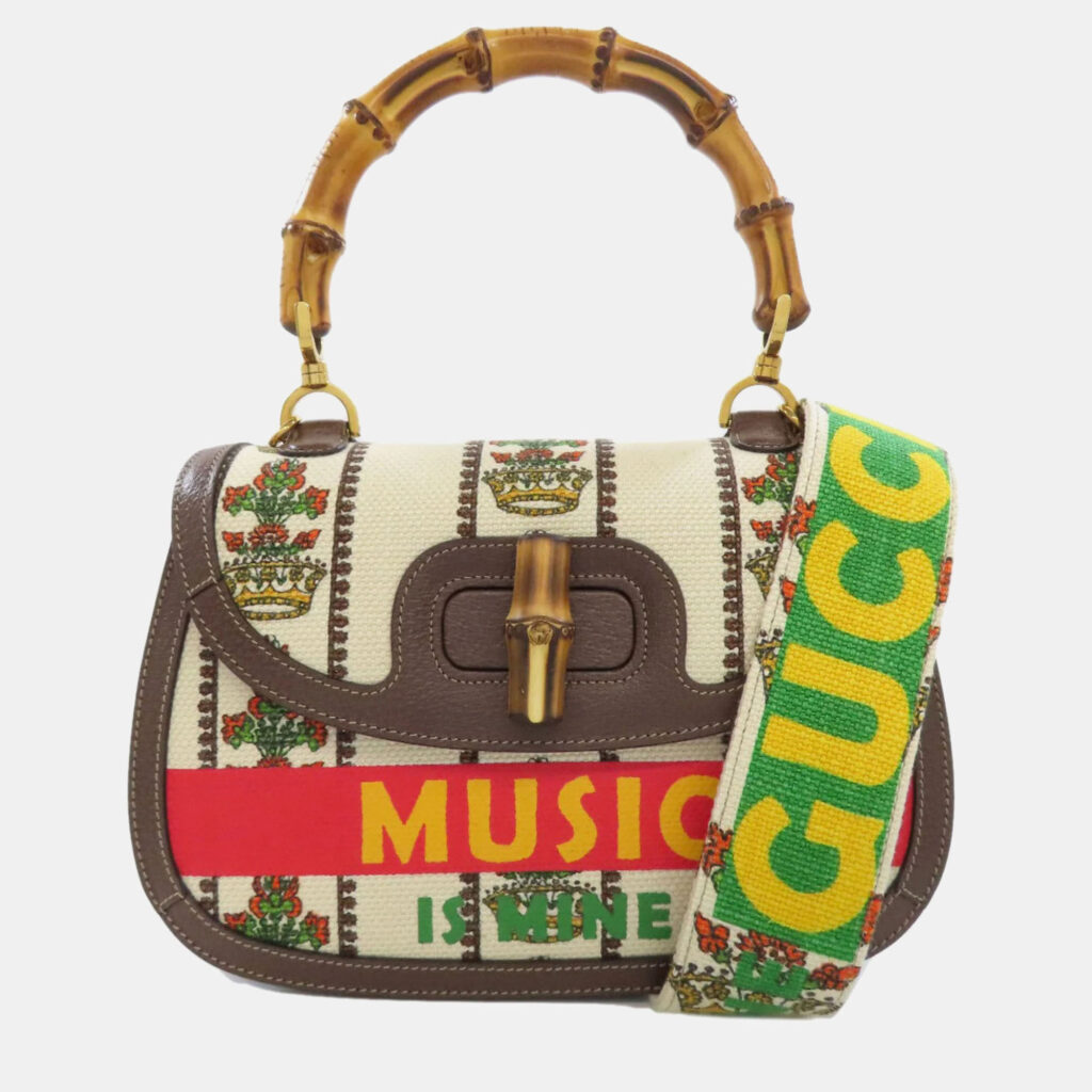luxury-women-gucci-used-handbags-p1099853-008 Gucci Multicolour Canvas and Leather Bamboo Top Handle Bag