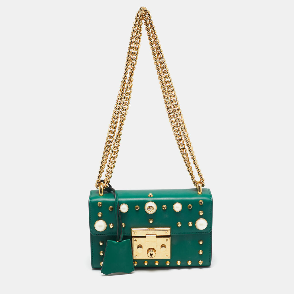 luxury-women-gucci-used-handbags-p1101794-002 Gucci Green Leather Small Pearl Studded Padlock Shoulder Bag