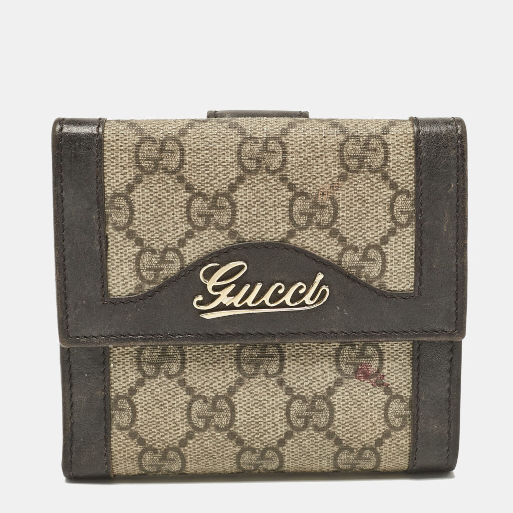 luxury-women-gucci-used-handbags-p1121360-001 Gucci Brown/Beige GG Supreme Canvas and Leather Logo Flap French Wallet