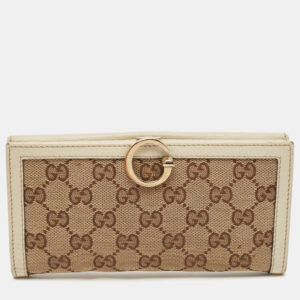 gucci white/beige gg canvas and leather icon bit flap continental wallet