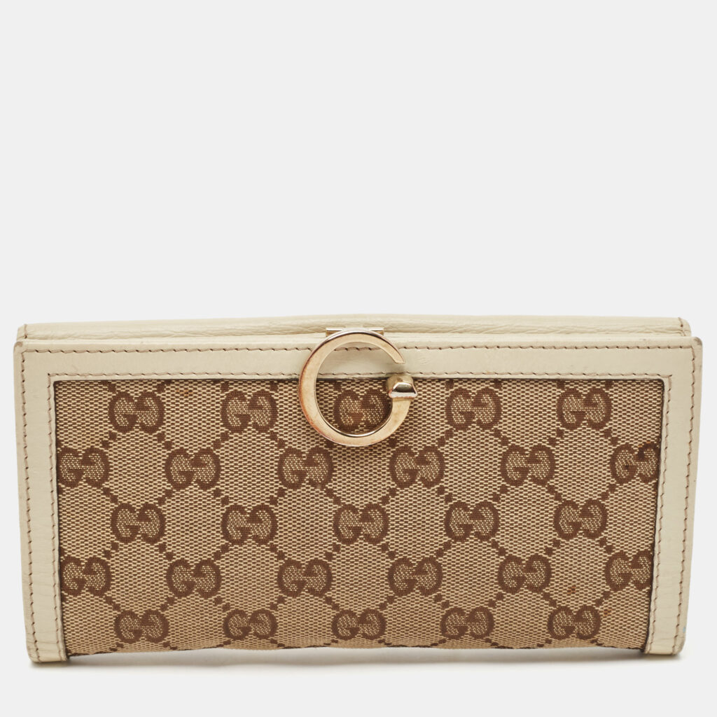 luxury-women-gucci-used-handbags-p1121381-008.jpg Gucci White/Beige GG Canvas and Leather Icon Bit Flap Continental Wallet