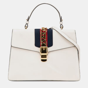 Gucci White Leather Sylvie Medium Top Handle Bag