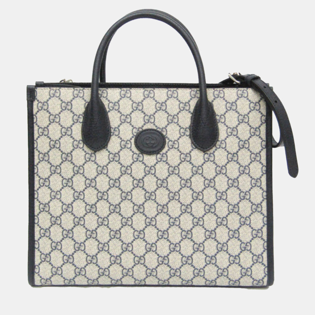 luxury-women-gucci-used-handbags-p1139613-002 Gucci Beige Navy Leather Coated Canvas GG Shoulder Bag