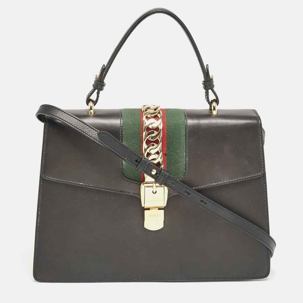 Gucci Black Leather Medium Web Sylvie Top Handle Bag