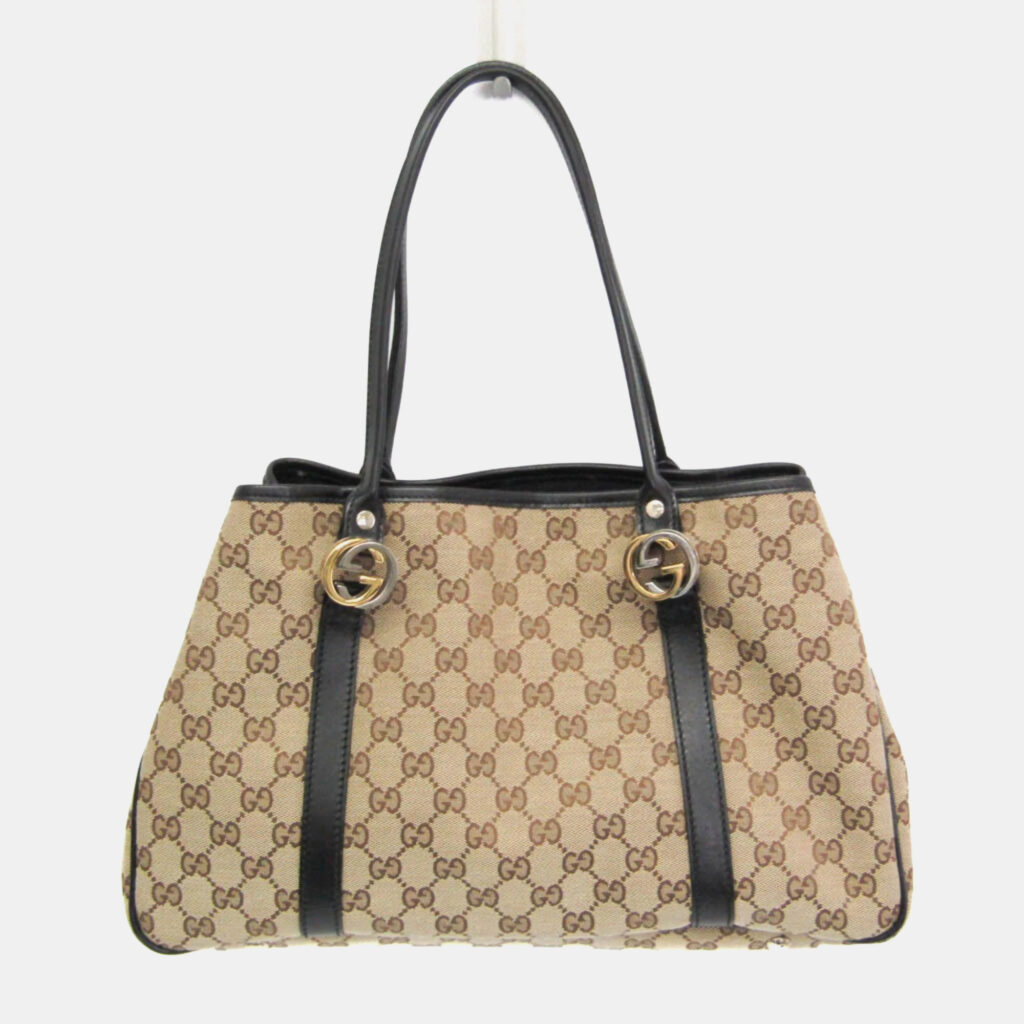luxury-women-gucci-used-handbags-p1142982-020 Gucci Beige and Black GG Twins Canvas Tote Bag