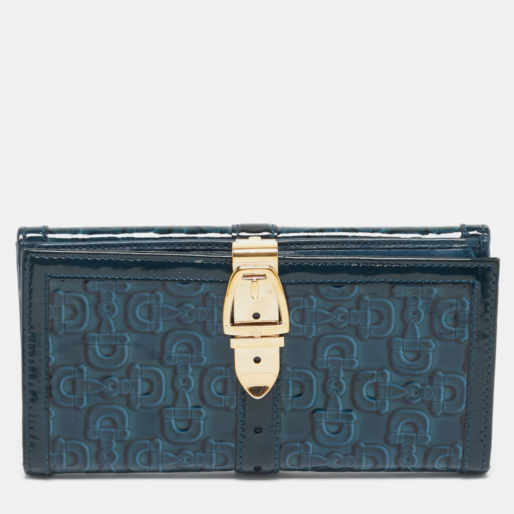 luxury-women-gucci-used-handbags-p1145491-010 Gucci Blue Horsebit Embossed Patent Leather Buckle Flap Continental Wallet