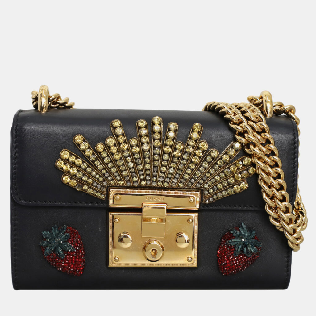 luxury-women-gucci-used-handbags-p1147275-006 Gucci Black Embellished Leather Strawberry Small Padlock Shoulder Bag