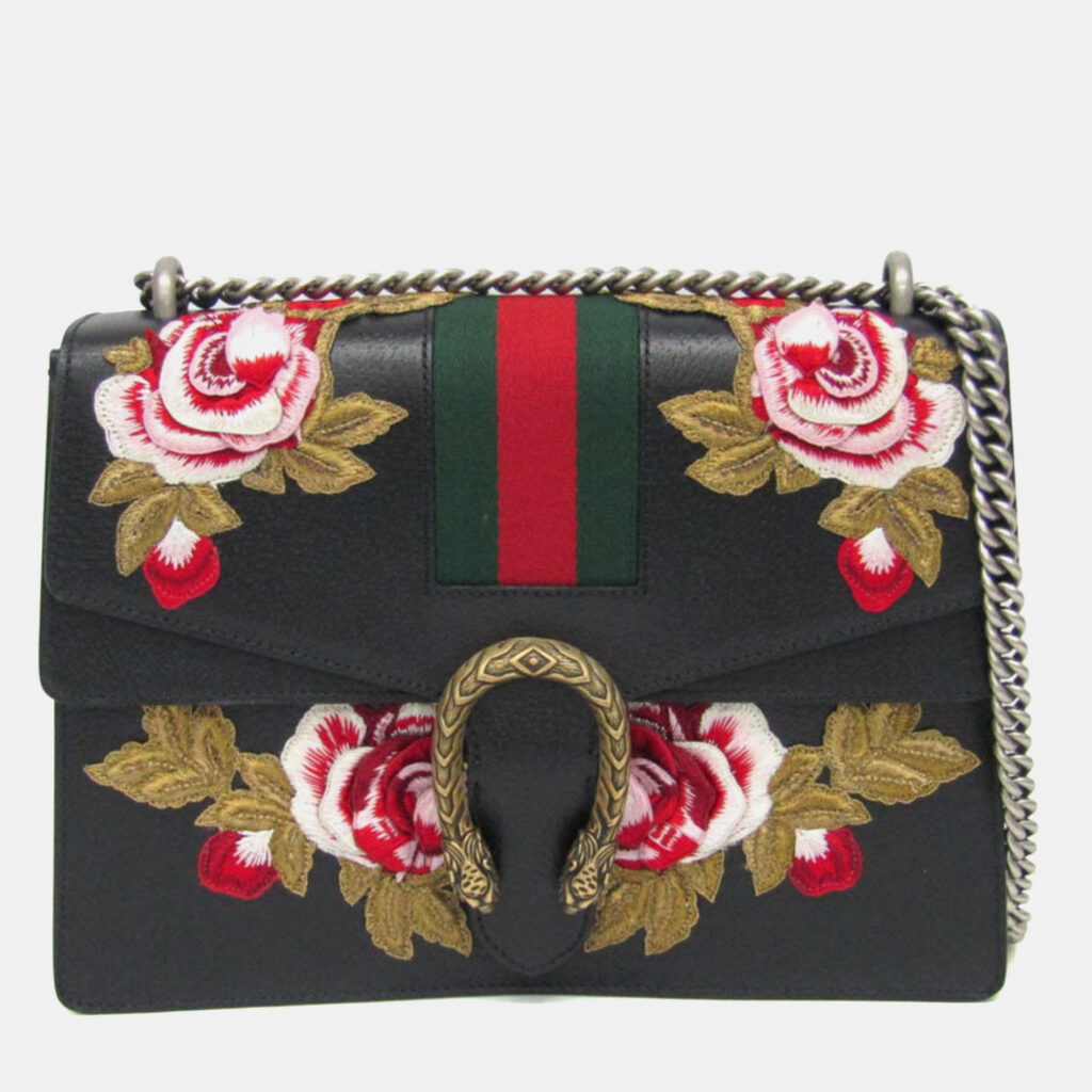 luxury-women-gucci-used-handbags-p1150317-027 Gucci Black Leather Dionysus Flower Shoulder Bag