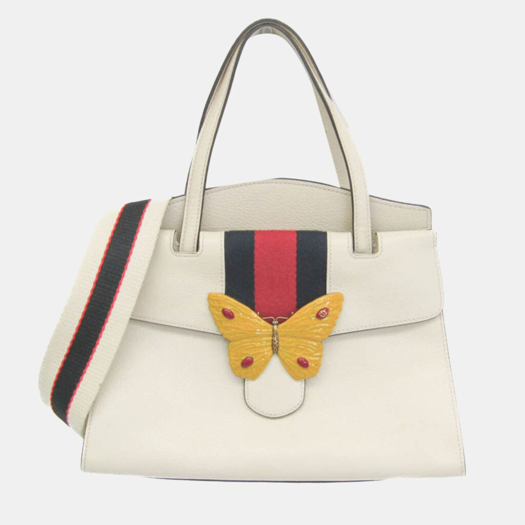 luxury-women-gucci-used-handbags-p1150323-035 Gucci White Leather Sherry Line Totem Butterfly Shoulder Bag
