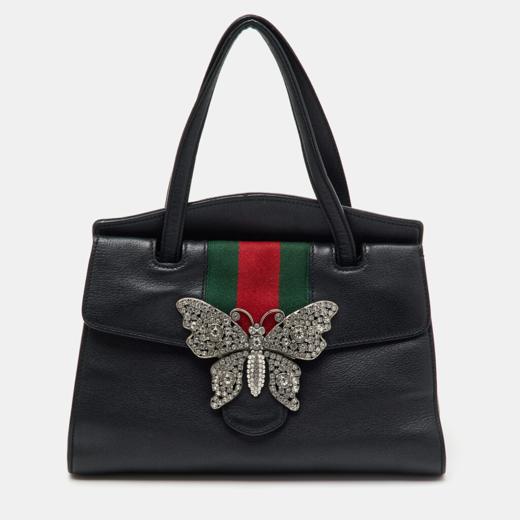 luxury-women-gucci-used-handbags-p1150822-003 Gucci Black Leather Medium Web Butterfly Embellished Medium Linea Totem Tote