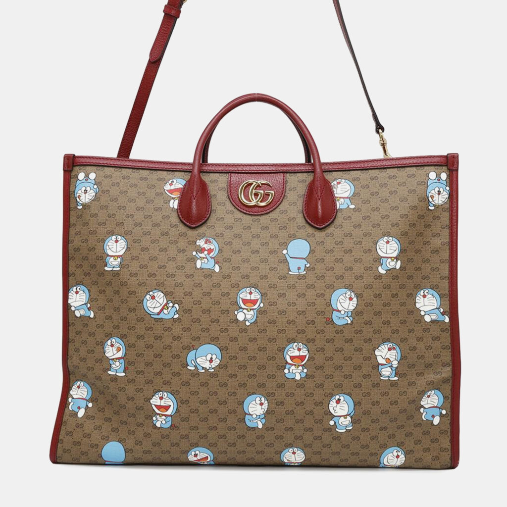 luxury-women-gucci-used-handbags-p1153904-002 Gucci Brown and Red Mini GG Supreme Canvas and Leather Doraemon Tote Bag