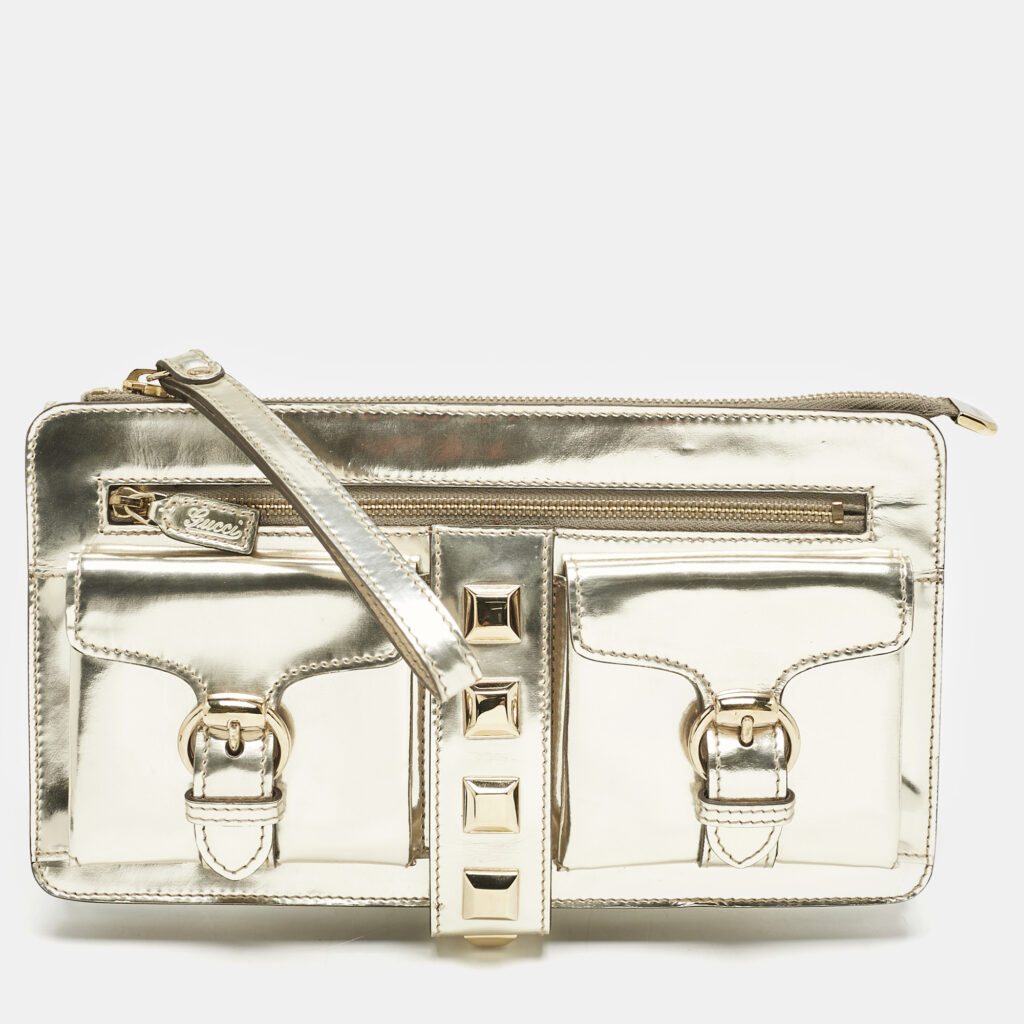 luxury-women-gucci-used-handbags-p1156508-016 Gucci Gold Patent Leather Studded Wristlet Zip Clutch