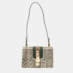 Gucci Black/White Watersnake Leather Small Web Chain Sylvie Shoulder Bag
