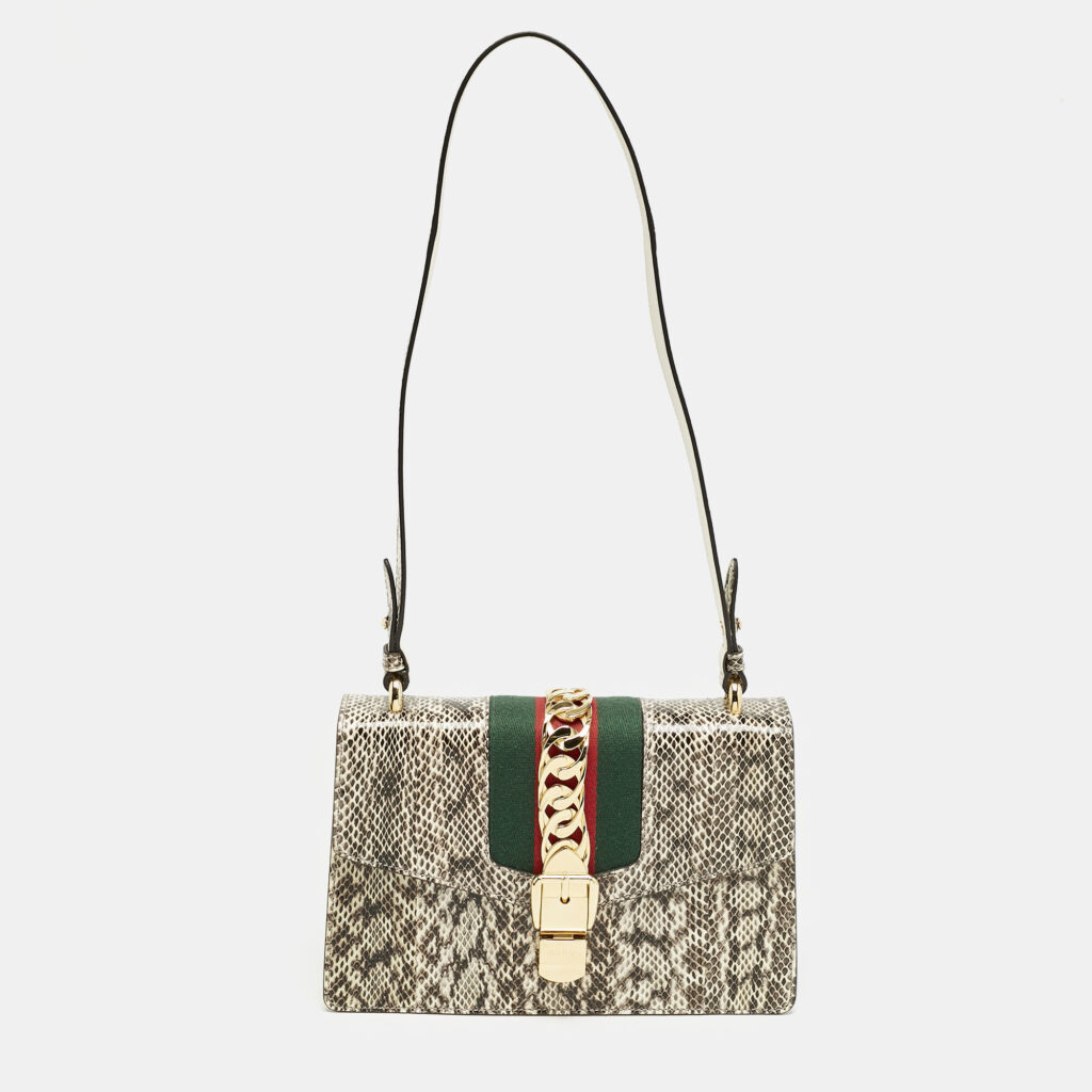 luxury-women-gucci-used-handbags-p1161211-005 Gucci Black/White Watersnake Leather Small Web Chain Sylvie Shoulder Bag
