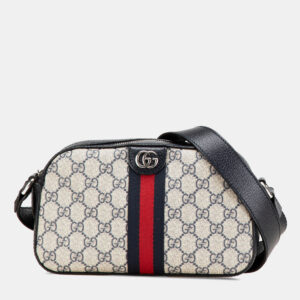 Gucci Beige Black Small GG Supreme Textured Dollar Calfskin Web Ophidia Camera Bag