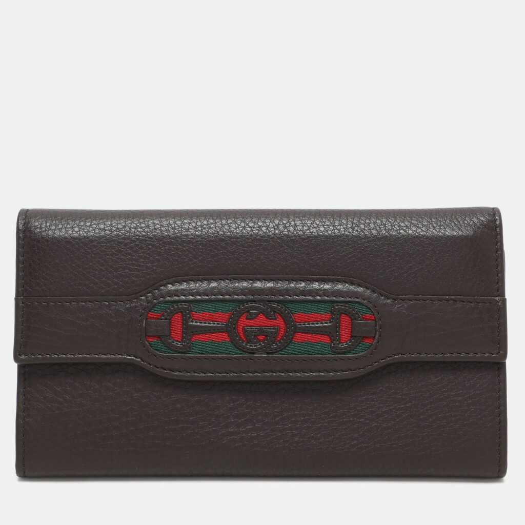 luxury-women-gucci-used-handbags-p1163286-005 Gucci Brown Leather Horsebit Web Continental Wallet