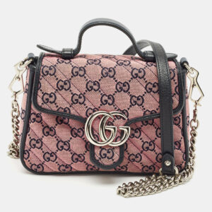 gucci pink/navy blue diagonal matelass&eacute; gg canvas mini gg marmont top handle bag