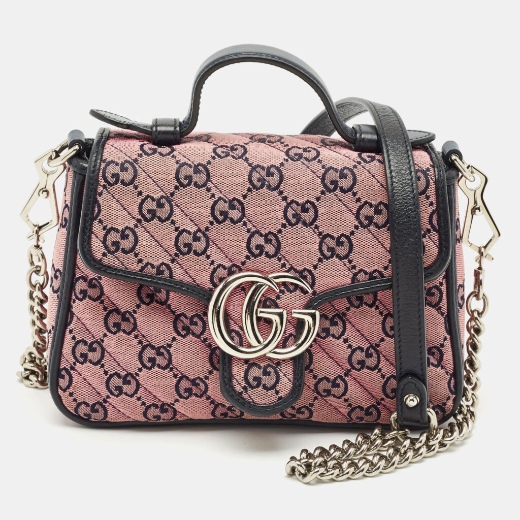luxury-women-gucci-used-handbags-p1163375-008.jpg Gucci Pink/Navy Blue Diagonal Matelassé GG Canvas Mini GG Marmont Top Handle Bag