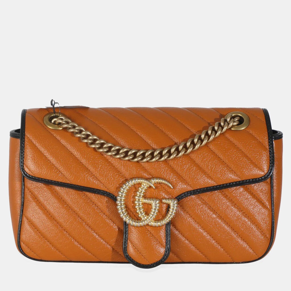luxury-women-gucci-used-handbags-p1164352-014 Gucci Cognac Calfskin Matelasse Diagonal Small Torchon GG Marmont Shoulder Bag