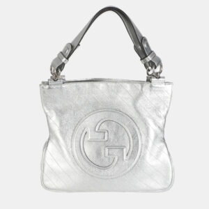 Gucci Silver Metallic Sakai Diagonal Stitched Calfskin Small Blondie Tote bag