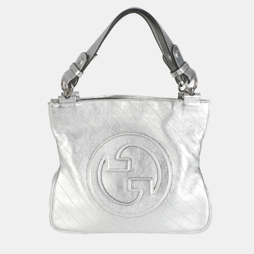 luxury-women-gucci-used-handbags-p1164373-006 Gucci Silver Metallic Sakai Diagonal Stitched Calfskin Small Blondie Tote bag