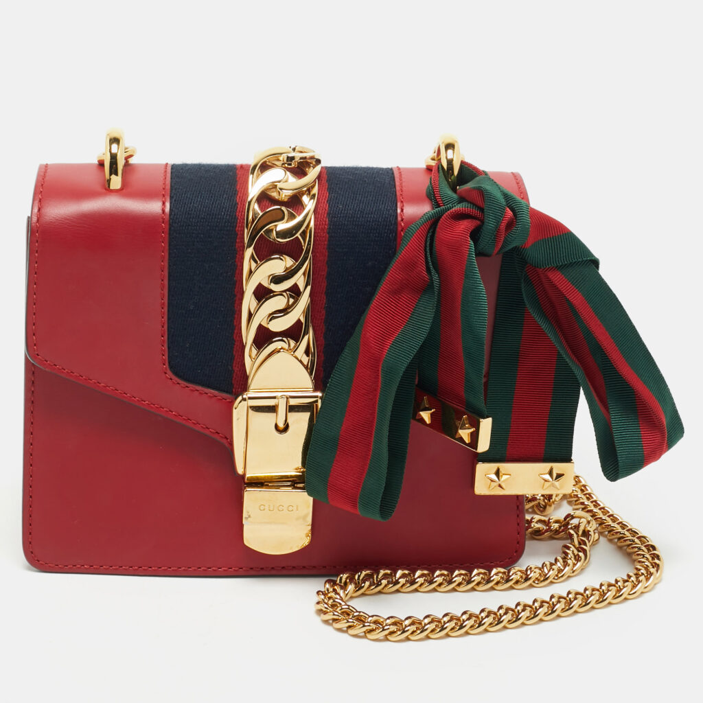 Gucci Red Leather Mini Web Chain Sylvie Shoulder Bag