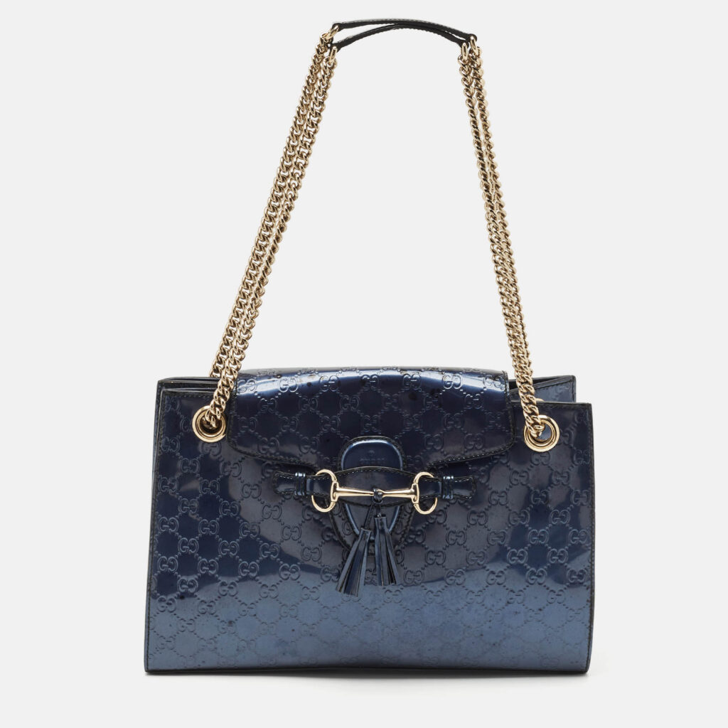 Gucci Blue Guccissima Patent Leather Large Emily Chain Shoulder Bag