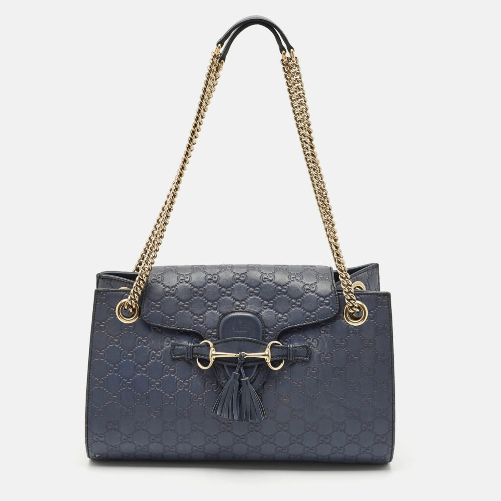 Gucci Dark Blue Guccissima Leather Large Emily Chain Shoulder Bag