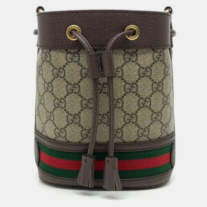 Gucci Beige Brown PVC Ophidia Mini Bucket Bag