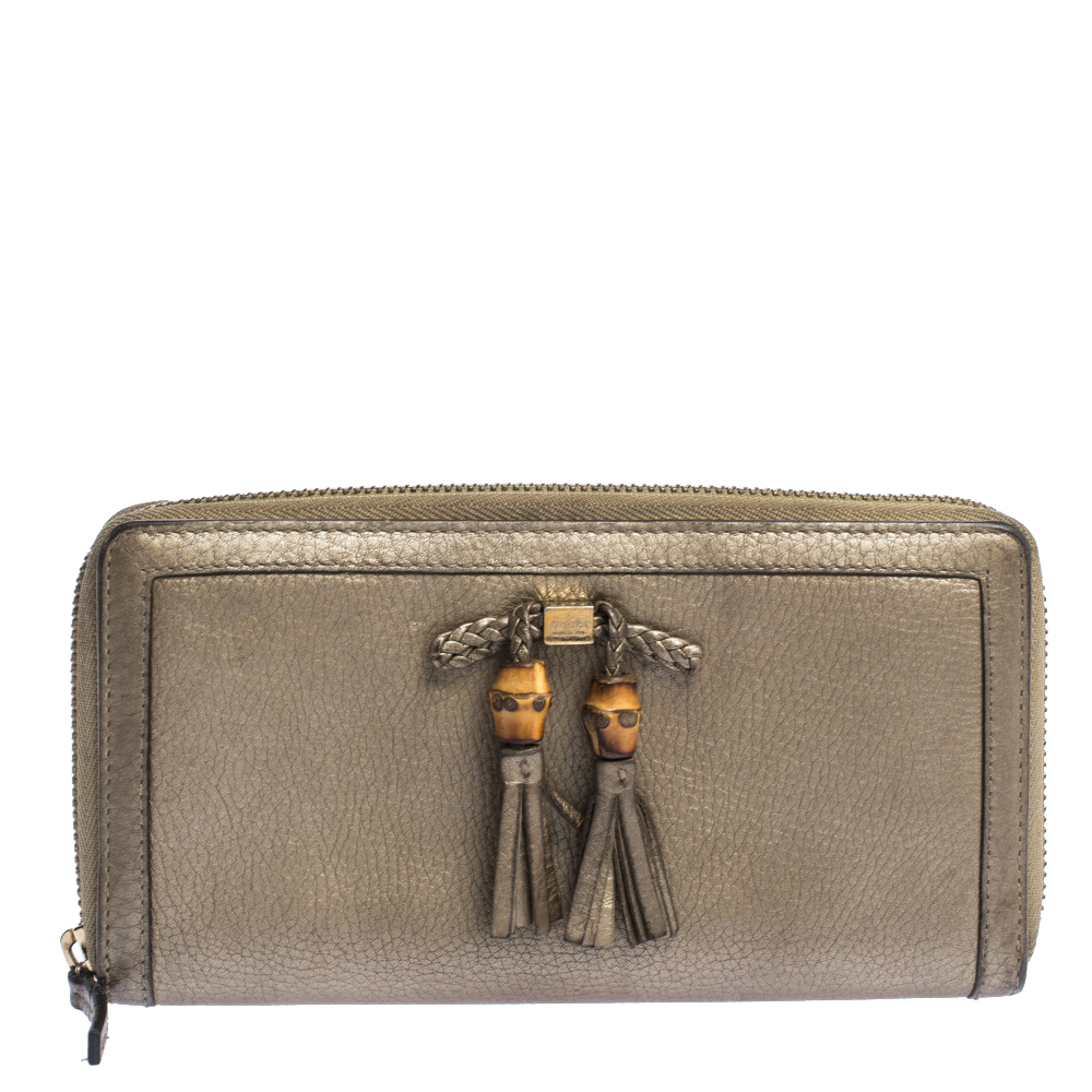 luxury-women-gucci-used-handbags-p316839-004 Gucci Gold Leather Bamboo Tassel Bow Zip Around Wallet