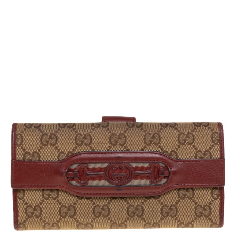 luxury-women-gucci-used-handbags-p427394-1619952519-008 Gucci Beige/Copper GG Canvas and Leather Flap Continental Wallet