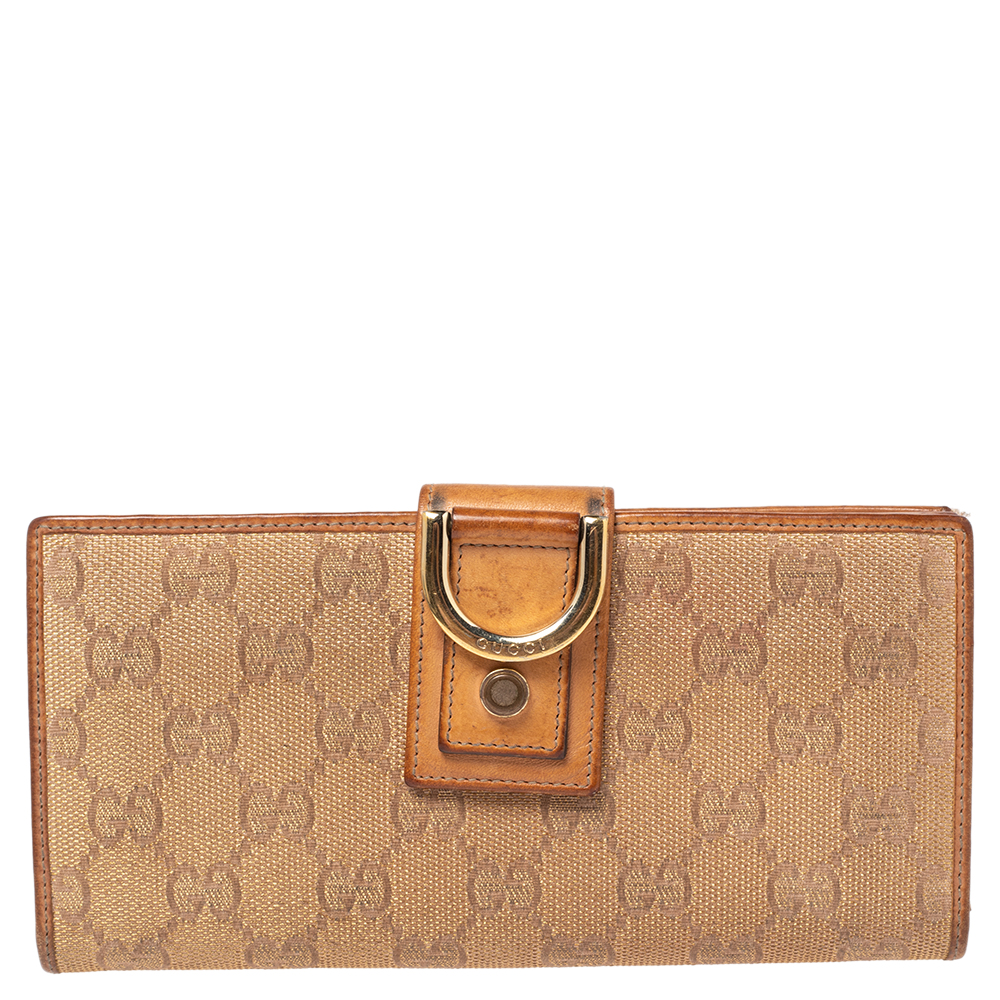 luxury-women-gucci-used-handbags-p505312-015-2 Gucci Metallic Beige GG Canvas and Leather D Ring Continental Wallet