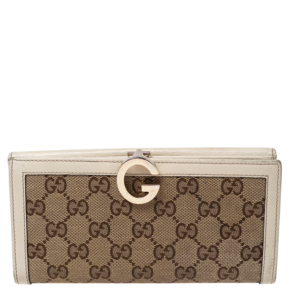 luxury-women-gucci-used-handbags-p562368-006 Gucci White/Beige GG Canvas and Leather G Bit Flap Continental Wallet