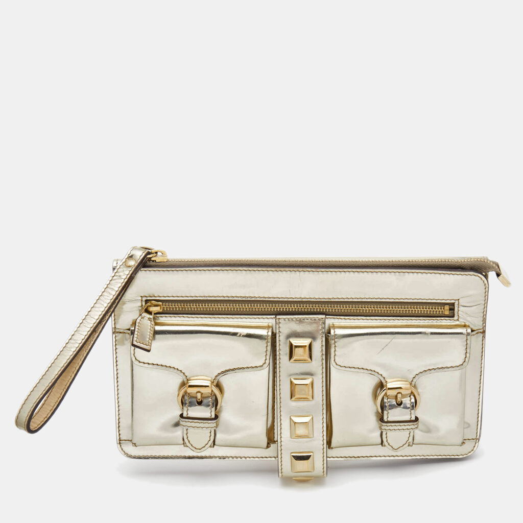luxury-women-gucci-used-handbags-p600000-018-2 Gucci Metallic Gold Laminate Leather Studded Evening Wristlet Clutch