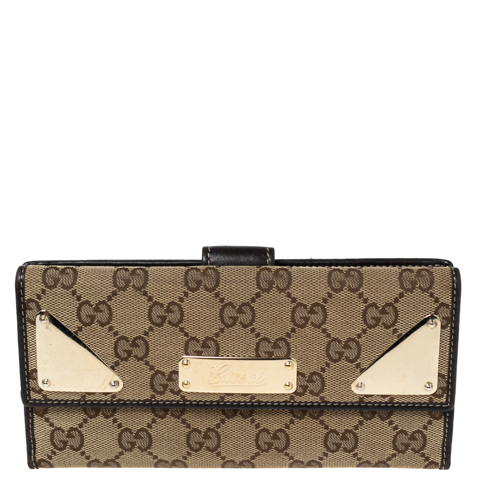 luxury-women-gucci-used-handbags-p603201-008-2 Gucci Dark Brown/Beige GG Canvas and Leather Indy Continental Wallet