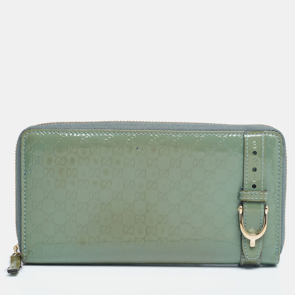 luxury-women-gucci-used-handbags-p624851-004-2 Gucci Green Microguccissima Patent Leather Zip Around Wallet