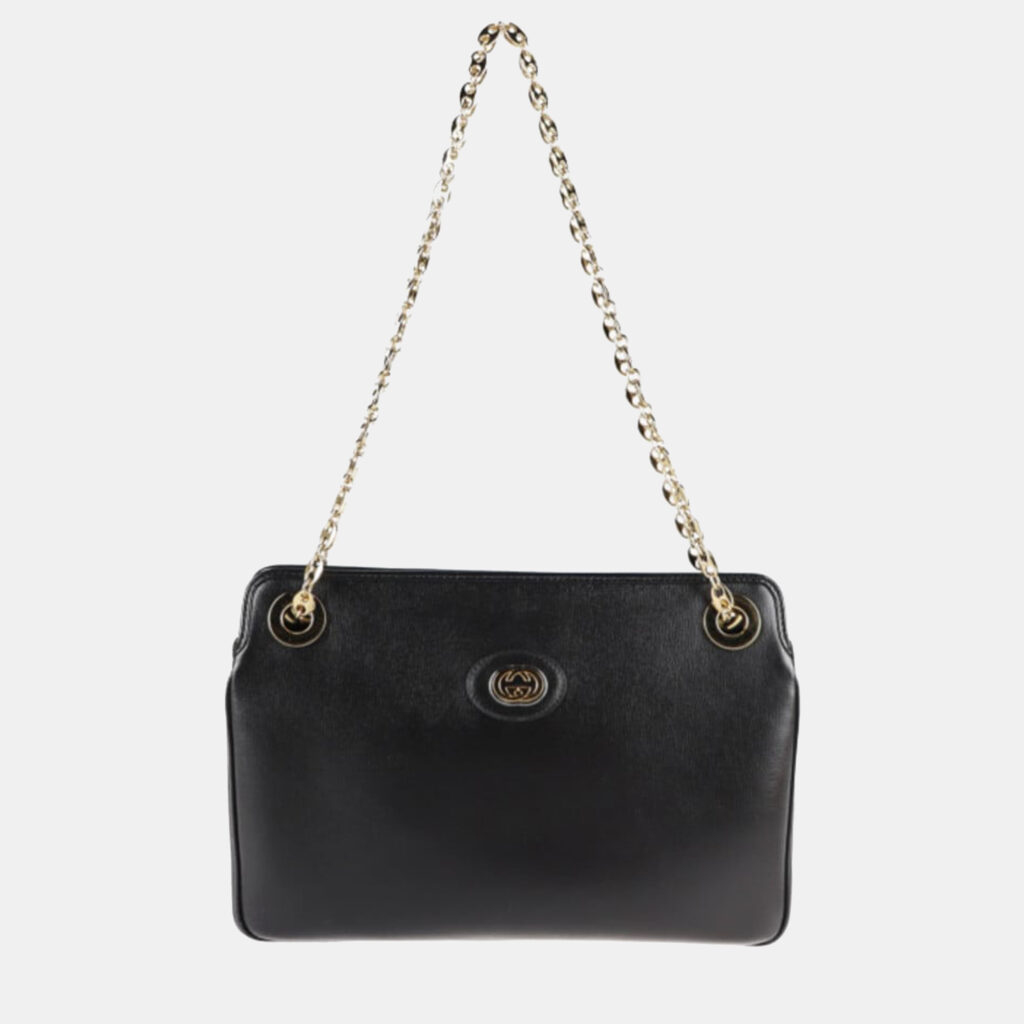 luxury-women-gucci-used-handbags-p801132-001 Gucci Black Leather Linea Marina Chain Shoulder Tote Bag