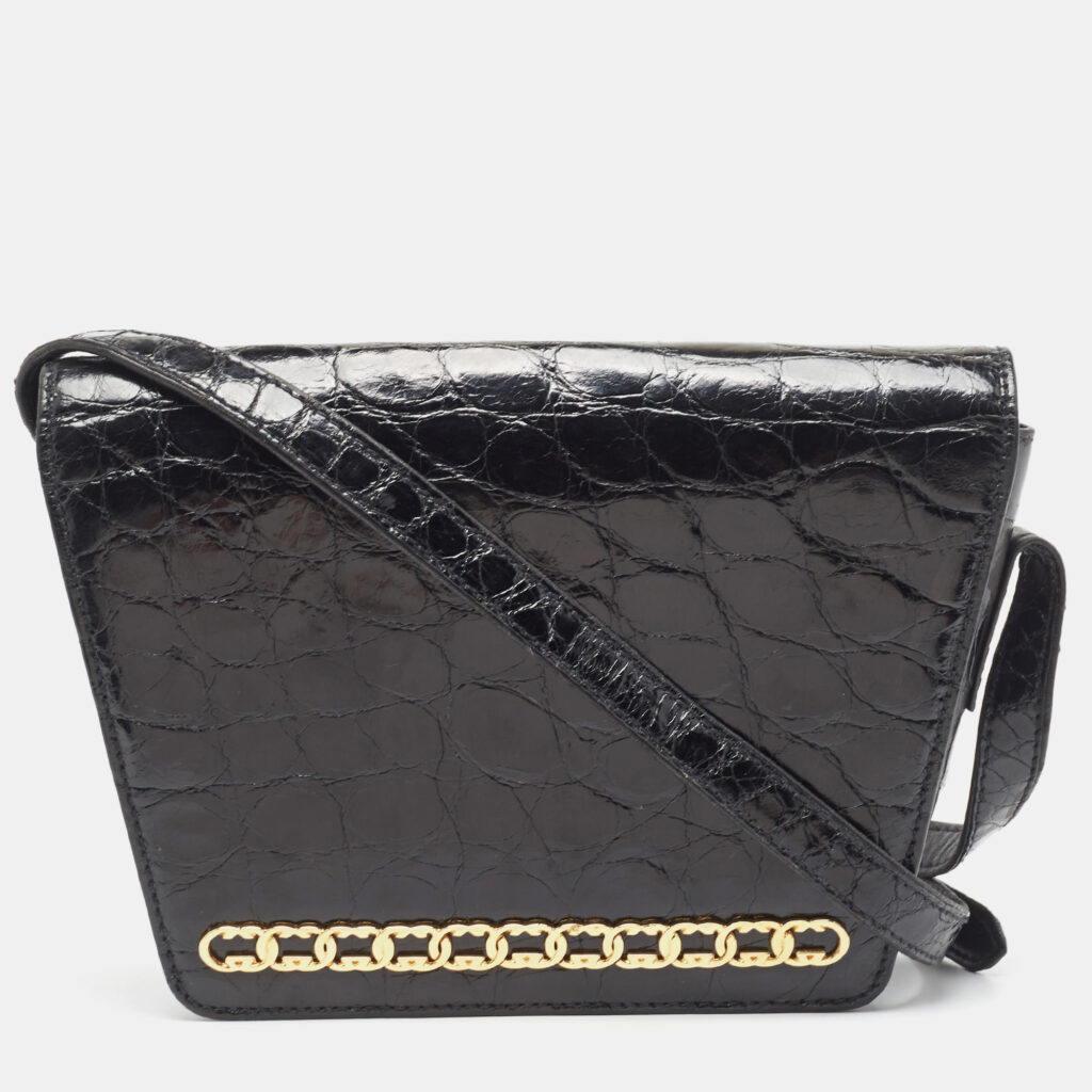 luxury-women-gucci-used-handbags-p893128-001 Gucci Black Crocodile Leather Interlocking GG Flap Crossbody Bag
