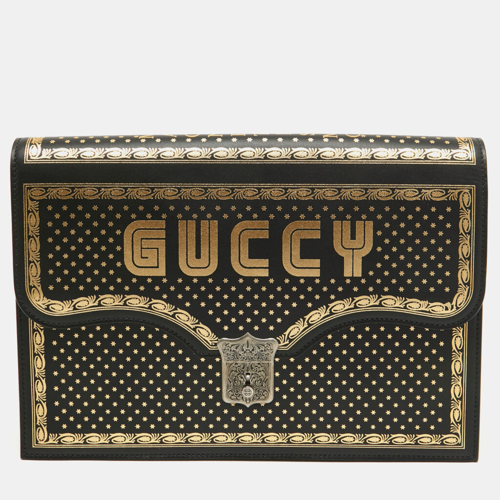luxury-women-gucci-used-handbags-p921258-012 Gucci Black/Gold Leather Printed GUCCY Portfolio Clutch