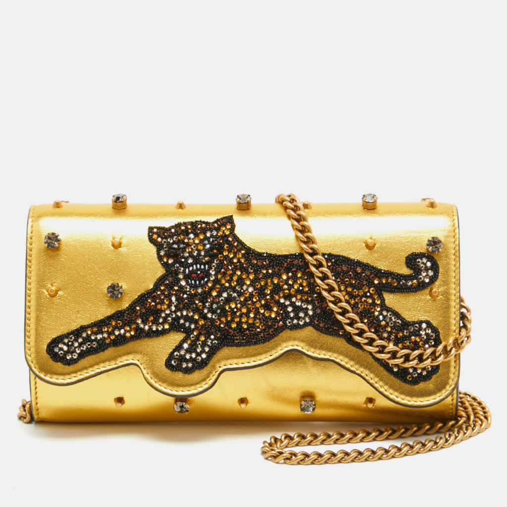 luxury-women-gucci-used-handbags-p921685-013 Gucci Gold Leather Embroidered Tiger Crystal Studded Chain Clutch