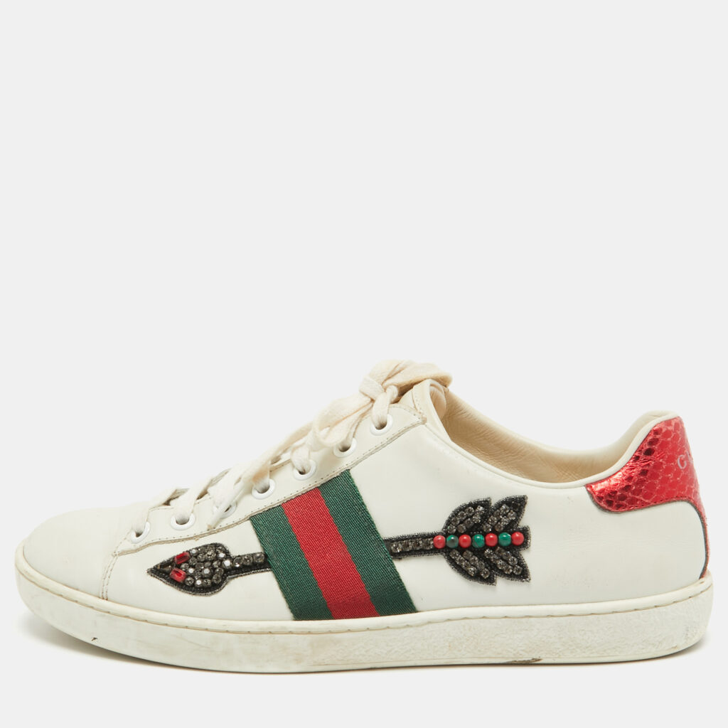 luxury-women-gucci-used-shoes-p1004117-001 Gucci White Leather Embellished Arrow Ace Sneakers Size 37
