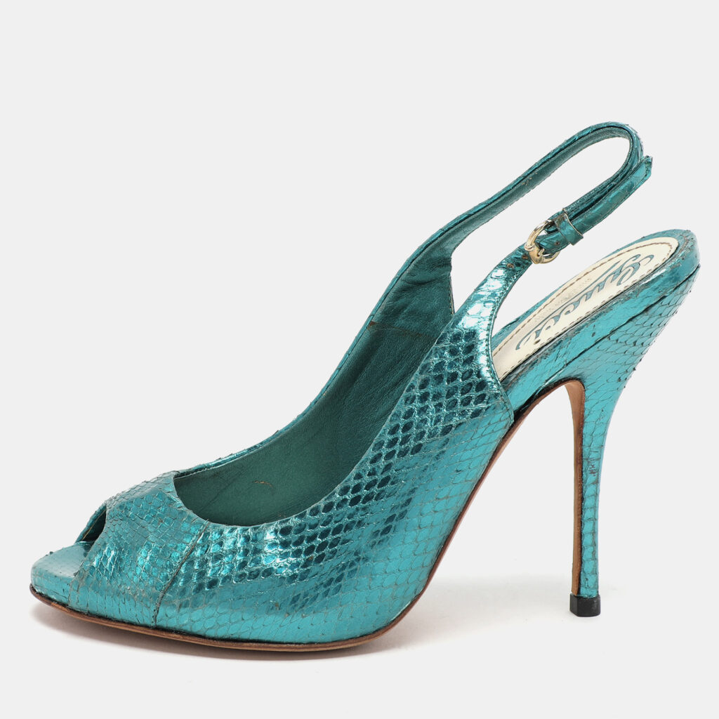Gucci Sofia Slingback Blue Python Embossed Leather Sandals Size 36