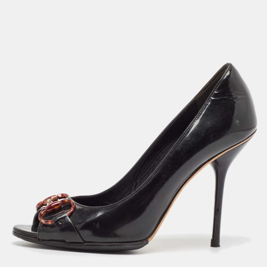 luxury-women-gucci-used-shoes-p1046992-003 Gucci Black Patent Leather Horsebit Peep Toe Pumps Size 37