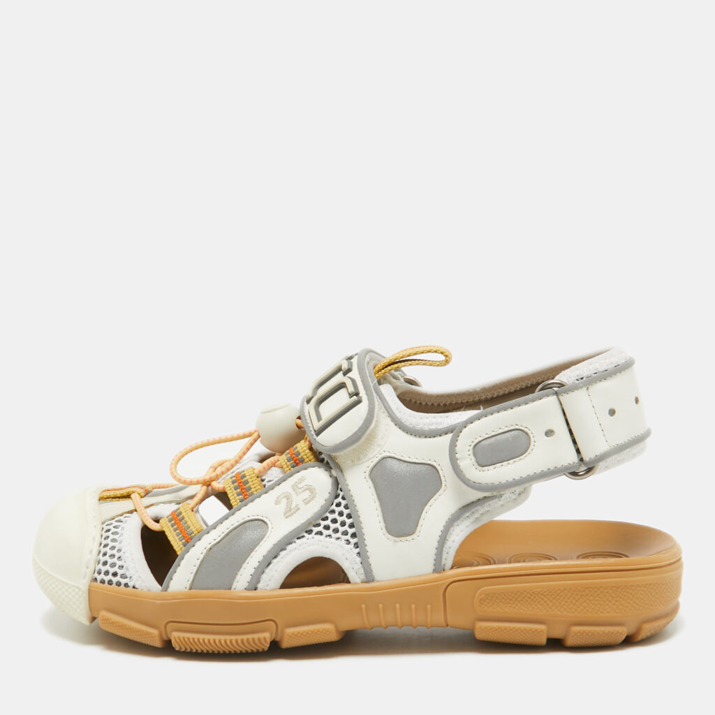 luxury-women-gucci-used-shoes-p1054417-001 Gucci White/Silver Mesh and Leather Tinsel Sport Sandals Size 36