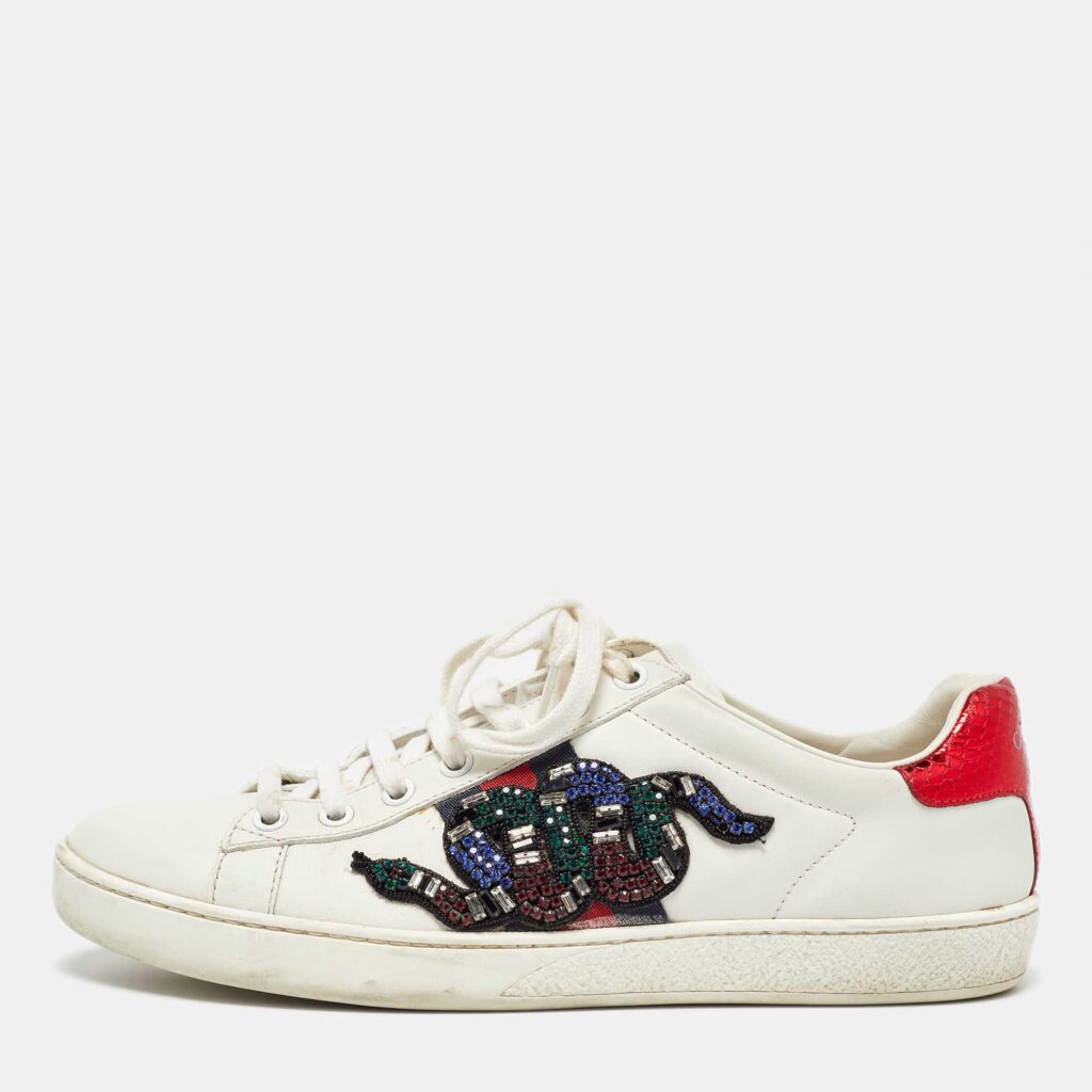 luxury-women-gucci-used-shoes-p1056001-003 Gucci White Leather Snake Crystal Embellished Ace Low Top Sneakers Size 38.5