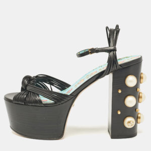 Gucci Black Leather Pearl & Stud Embellished Platform Sandals Size 39
