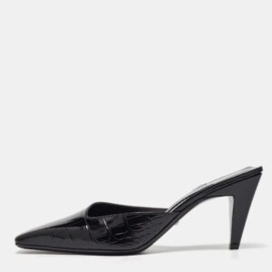 Gucci Black Croc Embossed Leather Mock Mules Size 38