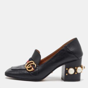 Gucci Black Leather Web GG Marmont Faux Pearl Block Heel Loafer Pumps Size 38